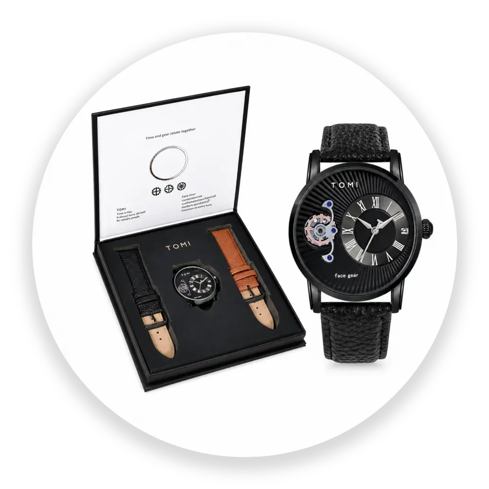 Coffret Montre Homme TOMI Face Gear – Deux Bracelets Interchangeables
